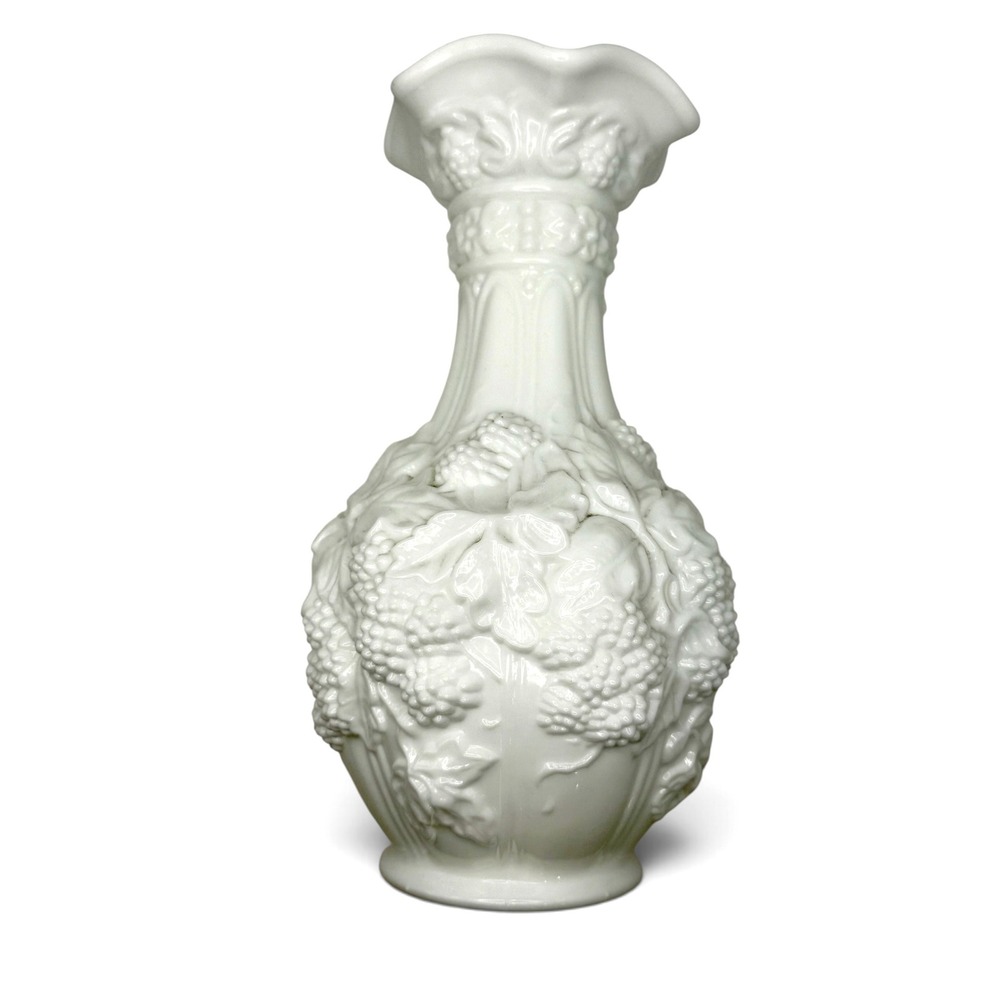 Westmoreland Milk Glass Beaded Grape Vase Ruffled Rim Vintage White 10.5 Inch